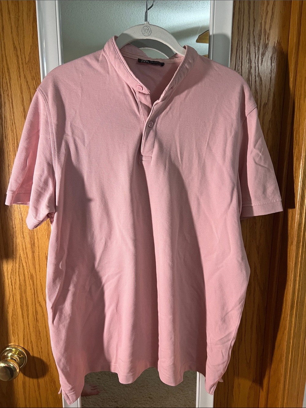 Zara Men's Light Pink Short-Sleeve Henley Polo